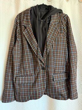 Liverpool Brown and Blue Plaid Single-Button Blazer with Black Hoodie Layer